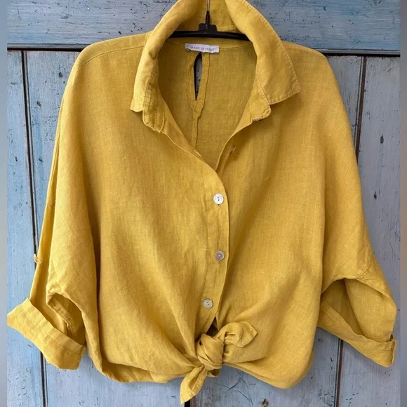 Made in Italy 100% Linen Women's Shirt in Mustard - Picture 13 of 13